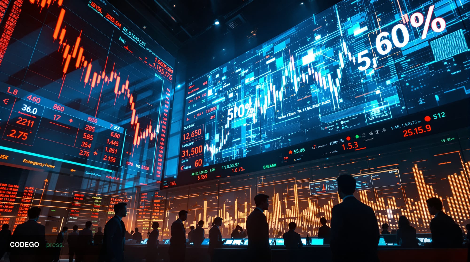 A dramatic photorealistic editorial photograph capturing the intersection of geopolitical tension and financial markets. The 