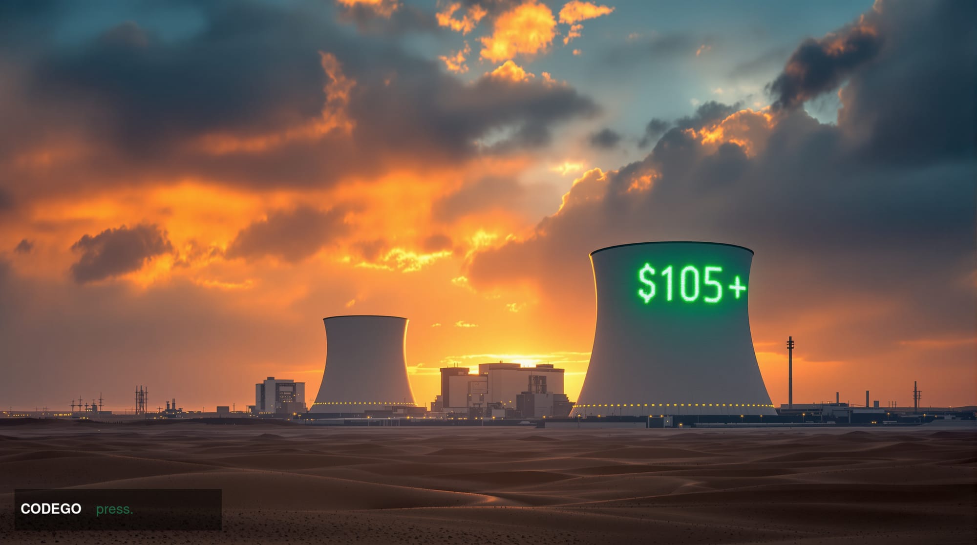 A dramatic photorealistic editorial photograph showing the Barakah Nuclear Power Plant in the UAE desert at golden hour, with
