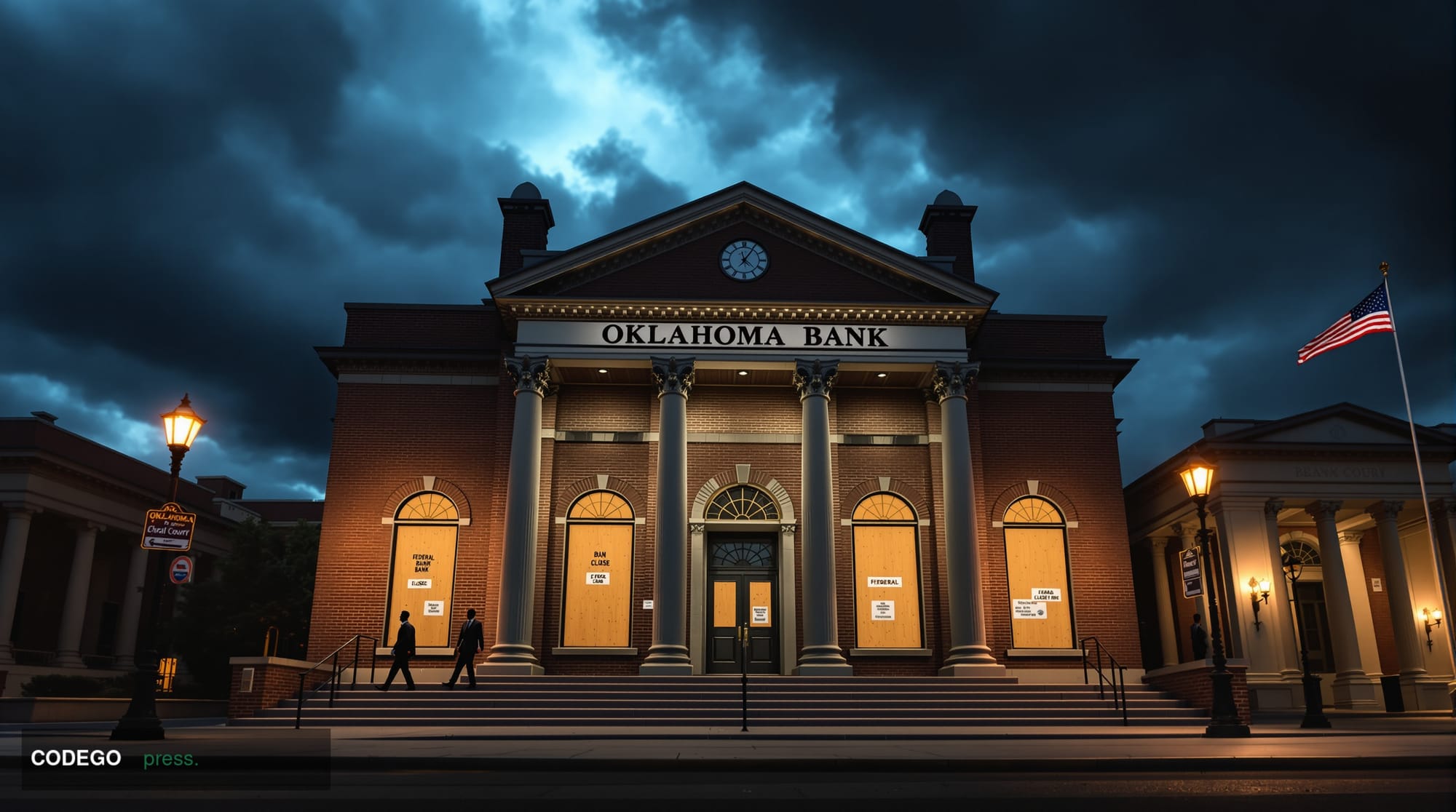 A dramatic photorealistic editorial photograph showing the exterior of a shuttered bank building in Oklahoma, with dramatic s