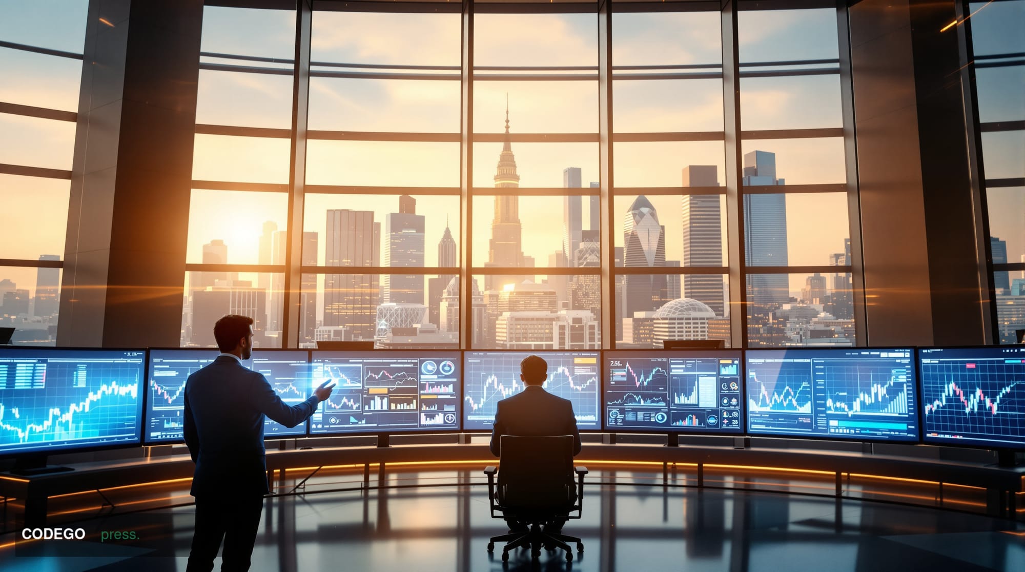 A dramatic cinematic shot of OKX's modern trading floor or corporate headquarters, featuring multiple large curved monitors d