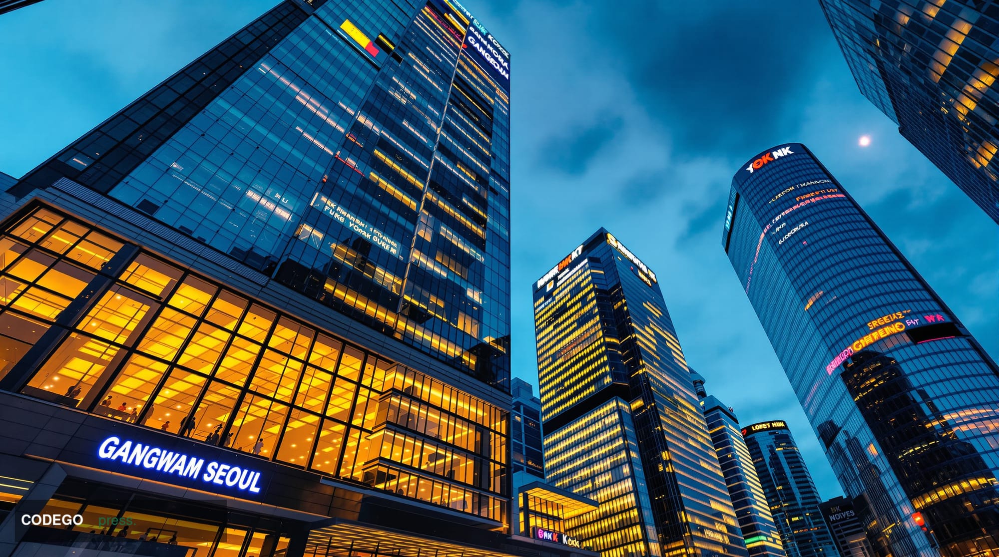 A cinematic editorial photograph showcasing the bustling Gangnam district of Seoul, South Korea, with its iconic modern skysc
