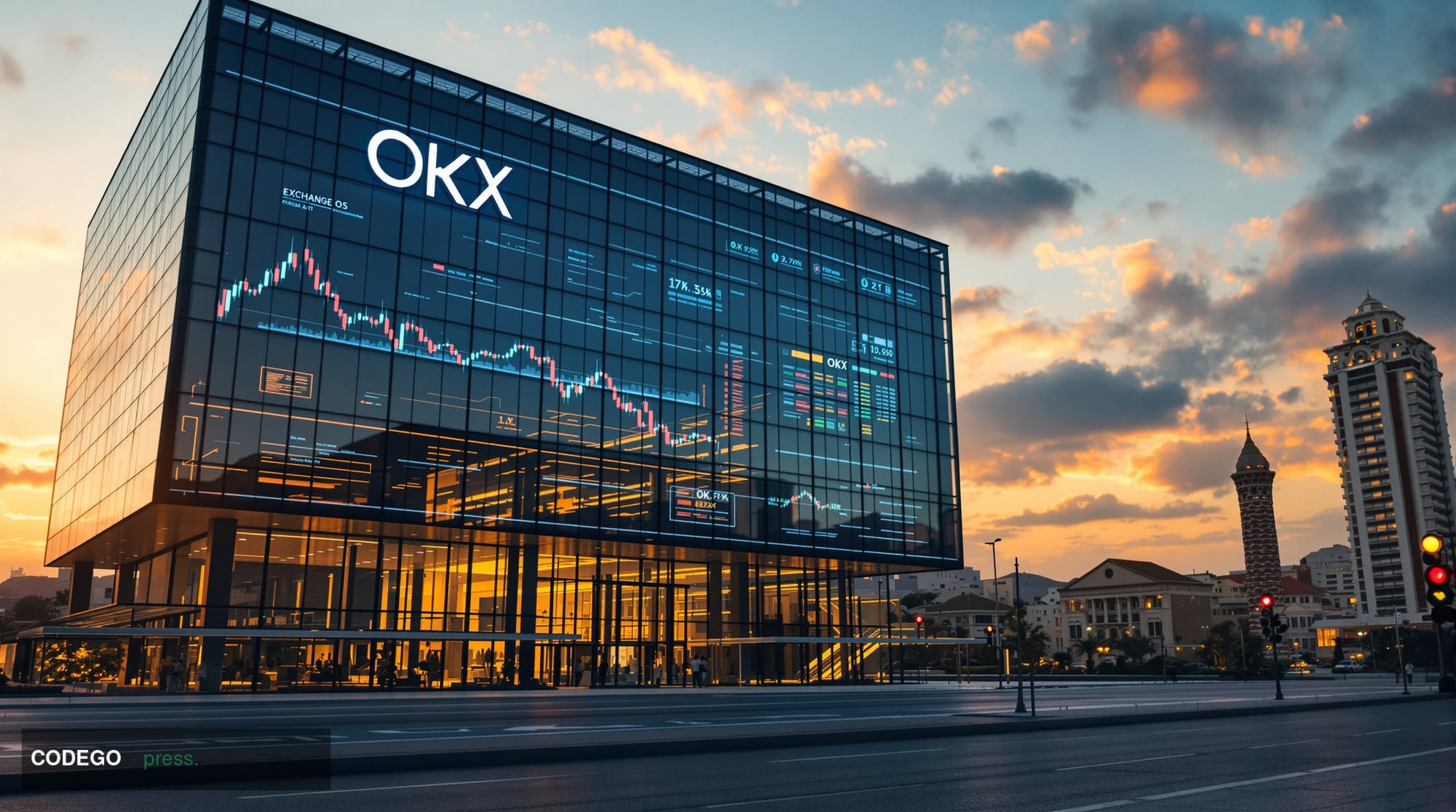 A cinematic editorial photograph showcasing OKX's corporate headquarters in the Seychelles or Malta, captured during golden h
