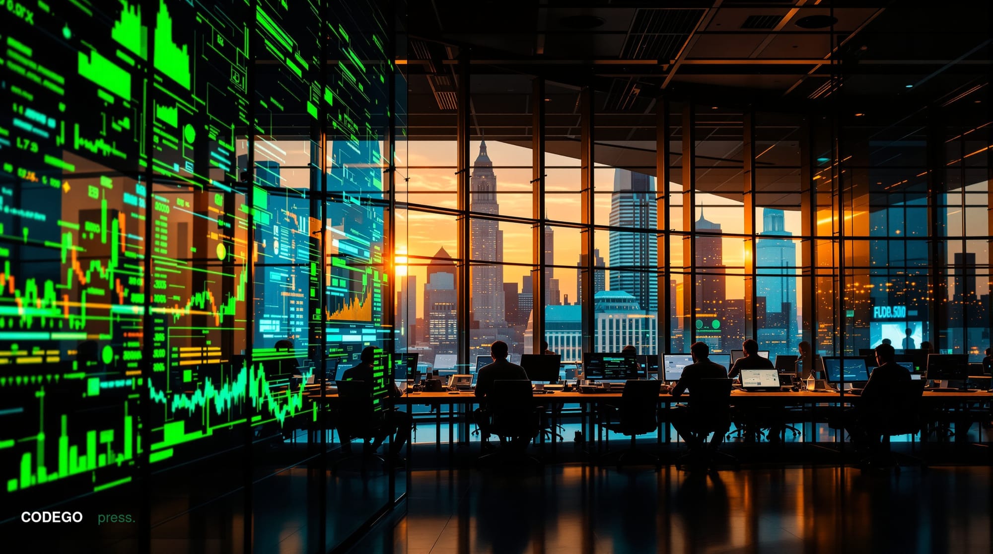 A cinematic editorial photograph showcasing the convergence of traditional finance and blockchain technology. The scene cente