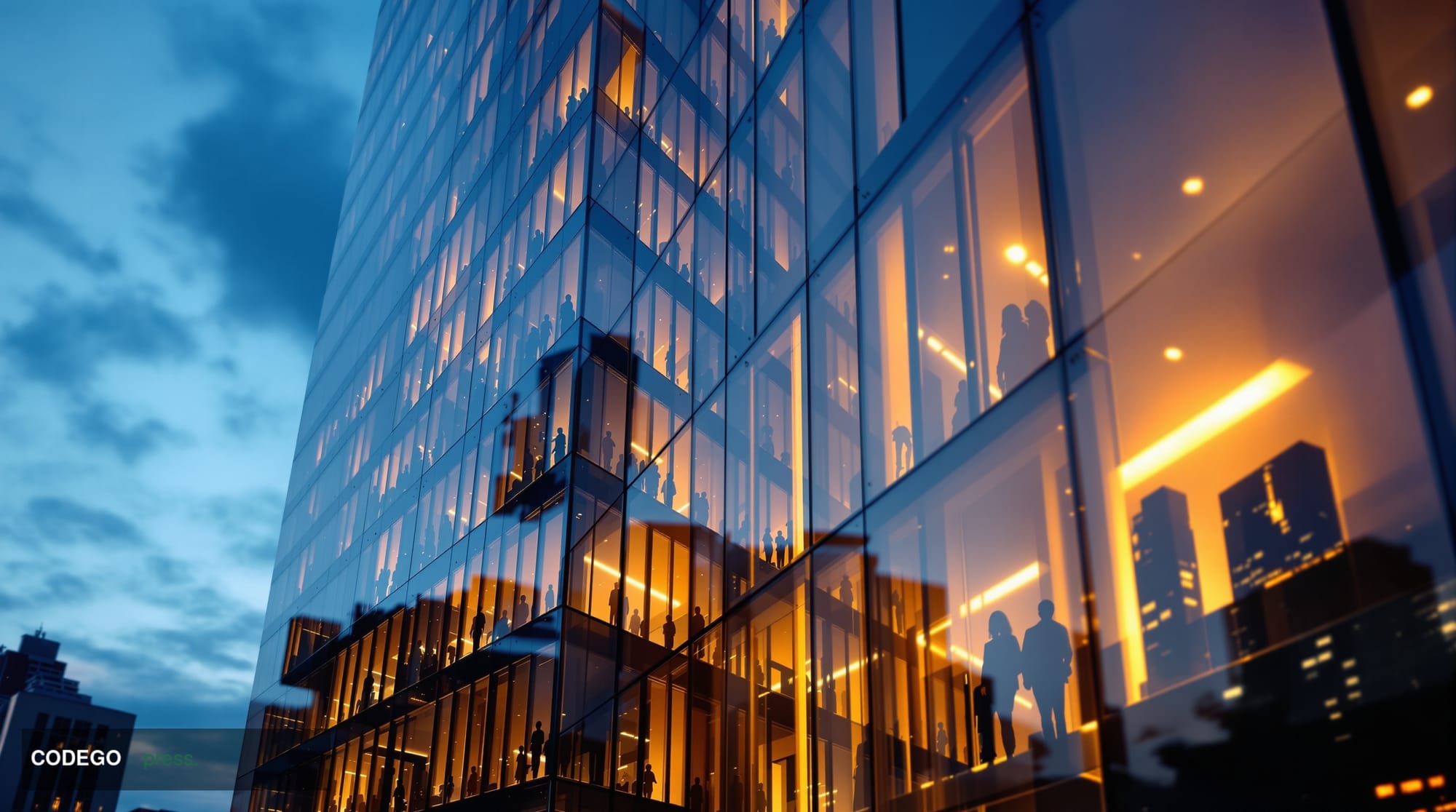 A cinematic editorial photograph showing the exterior of a modern fintech office building at dusk, with warm amber light eman