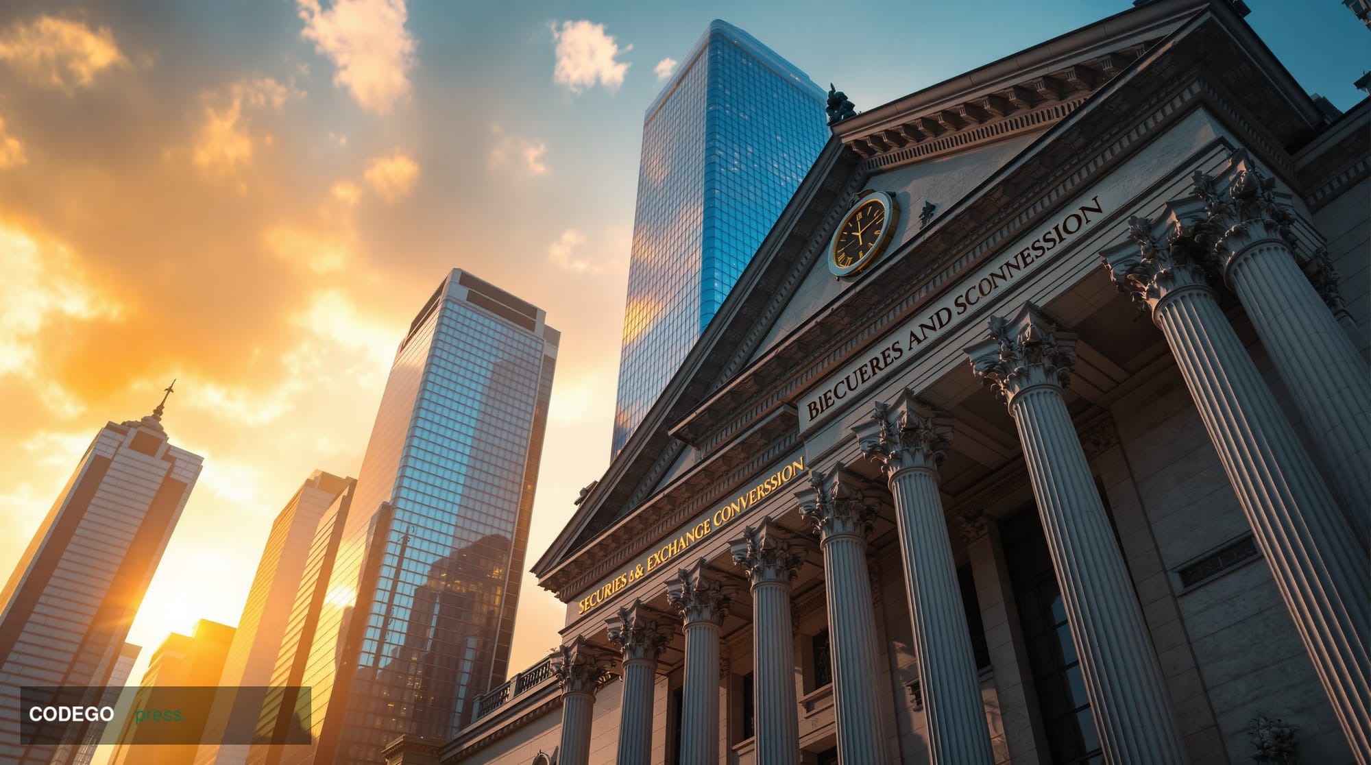 A cinematic editorial photograph capturing the convergence of traditional finance and blockchain technology through architect