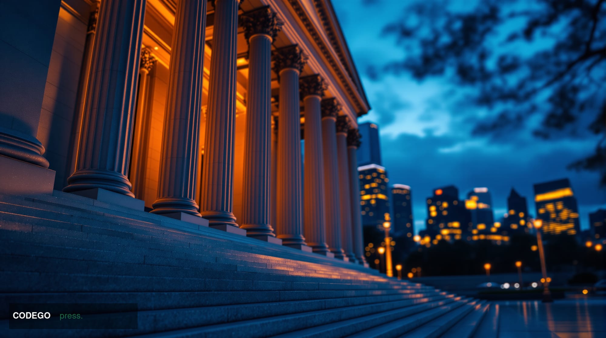 A cinematic editorial photograph of the Securities and Exchange Commission headquarters building in Washington DC, captured d