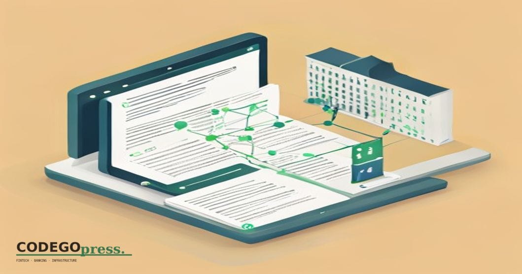 flat 3D isometric vector editorial illustration showing a banking regulatory document (FORMAL white pages with grid lines, no