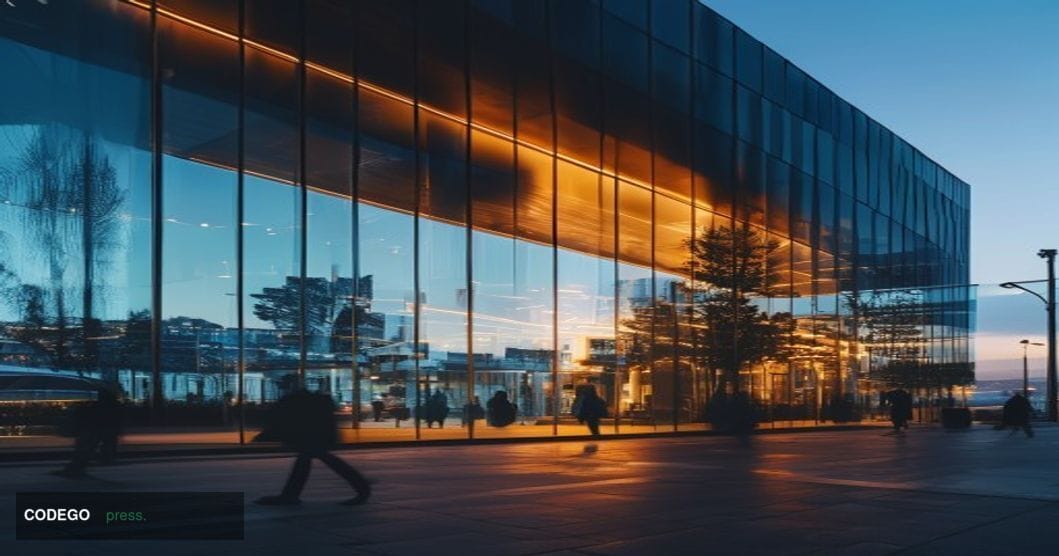 A cinematic editorial photograph of the OpenAI headquarters building in San Francisco's Mission District, captured during the