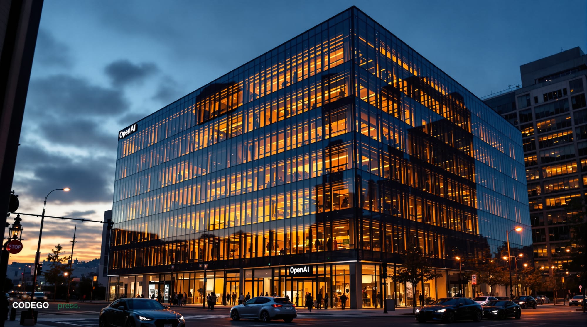 A cinematic editorial photograph showing OpenAI's distinctive San Francisco headquarters building facade during golden hour, 