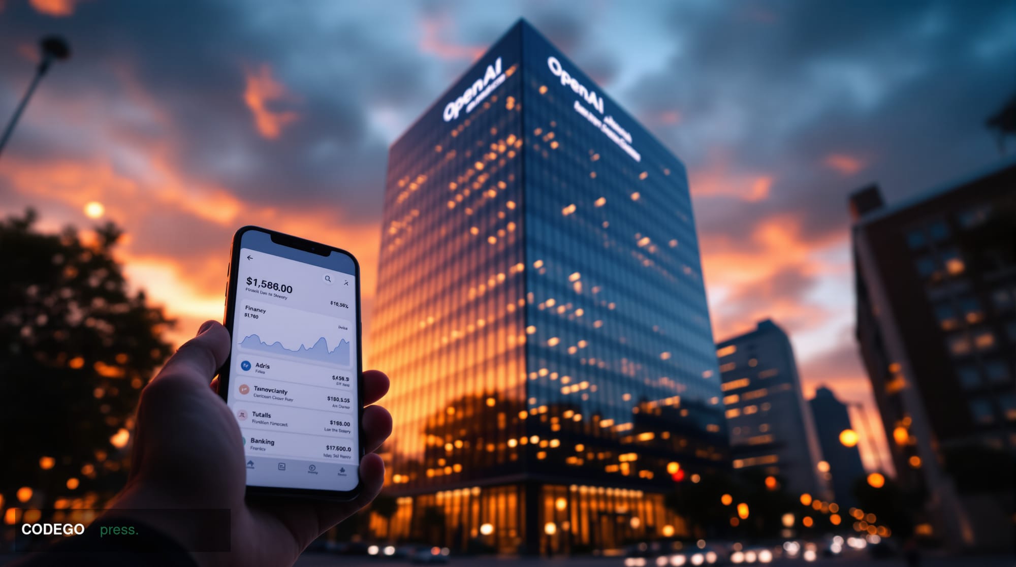 A photorealistic editorial photograph showing OpenAI's San Francisco headquarters building at 3180 18th Street with its disti
