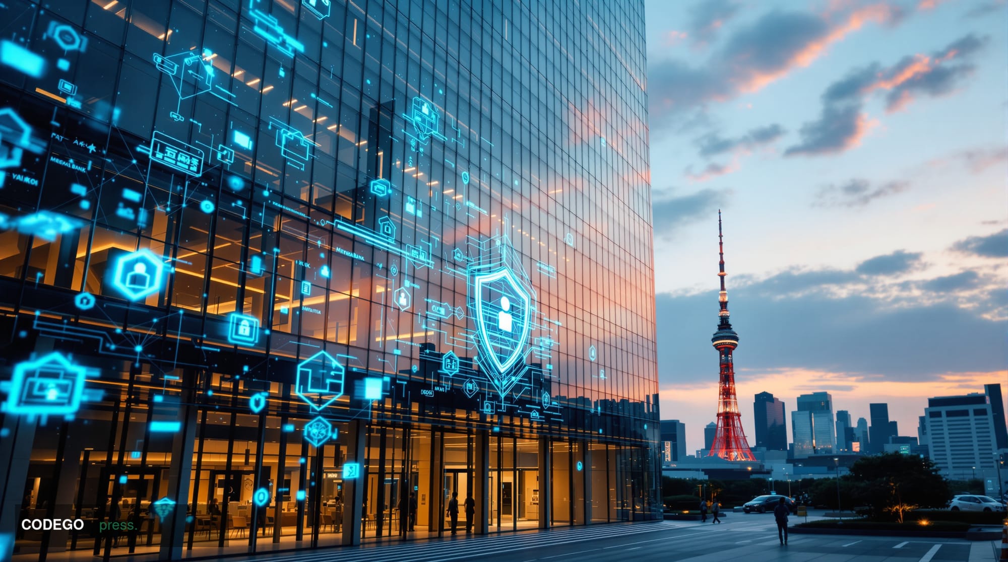 A cinematic editorial photograph capturing the intersection of AI technology and Japanese banking power. The scene shows the 
