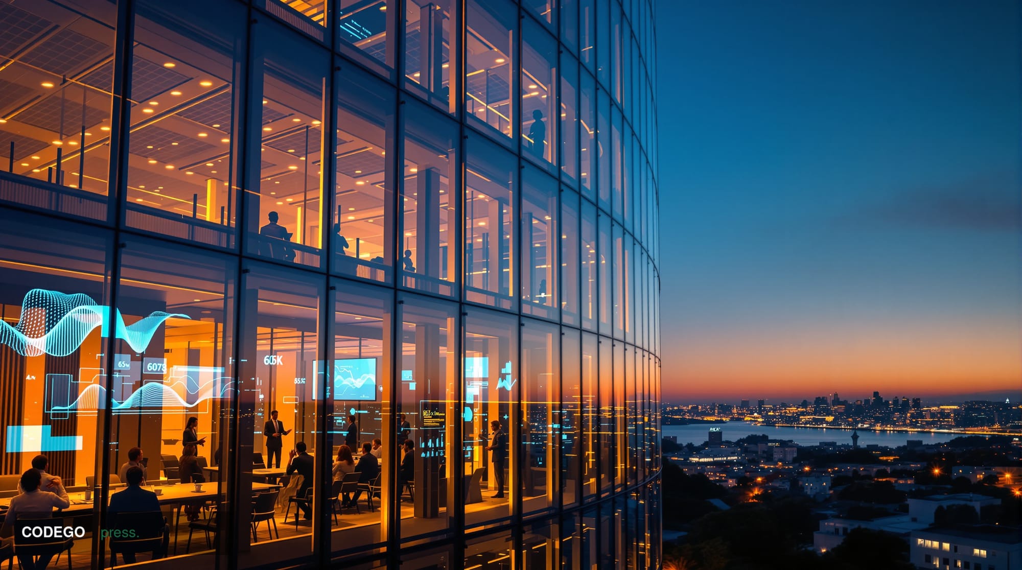 A photorealistic 8K quality editorial photograph showcasing OpenAI's San Francisco headquarters with its distinctive modern g