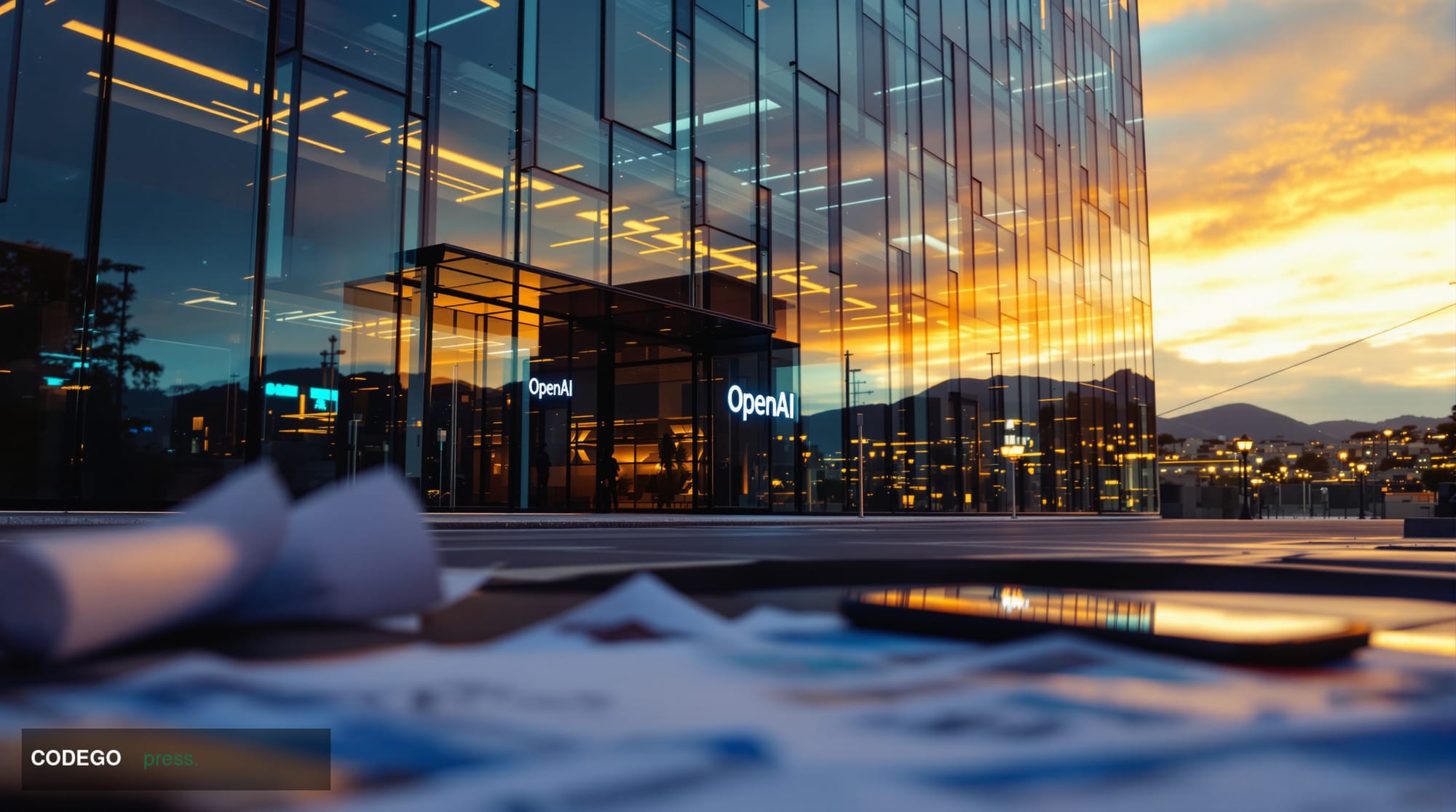 A cinematic editorial photograph capturing the intersection of AI and financial technology through OpenAI's San Francisco hea