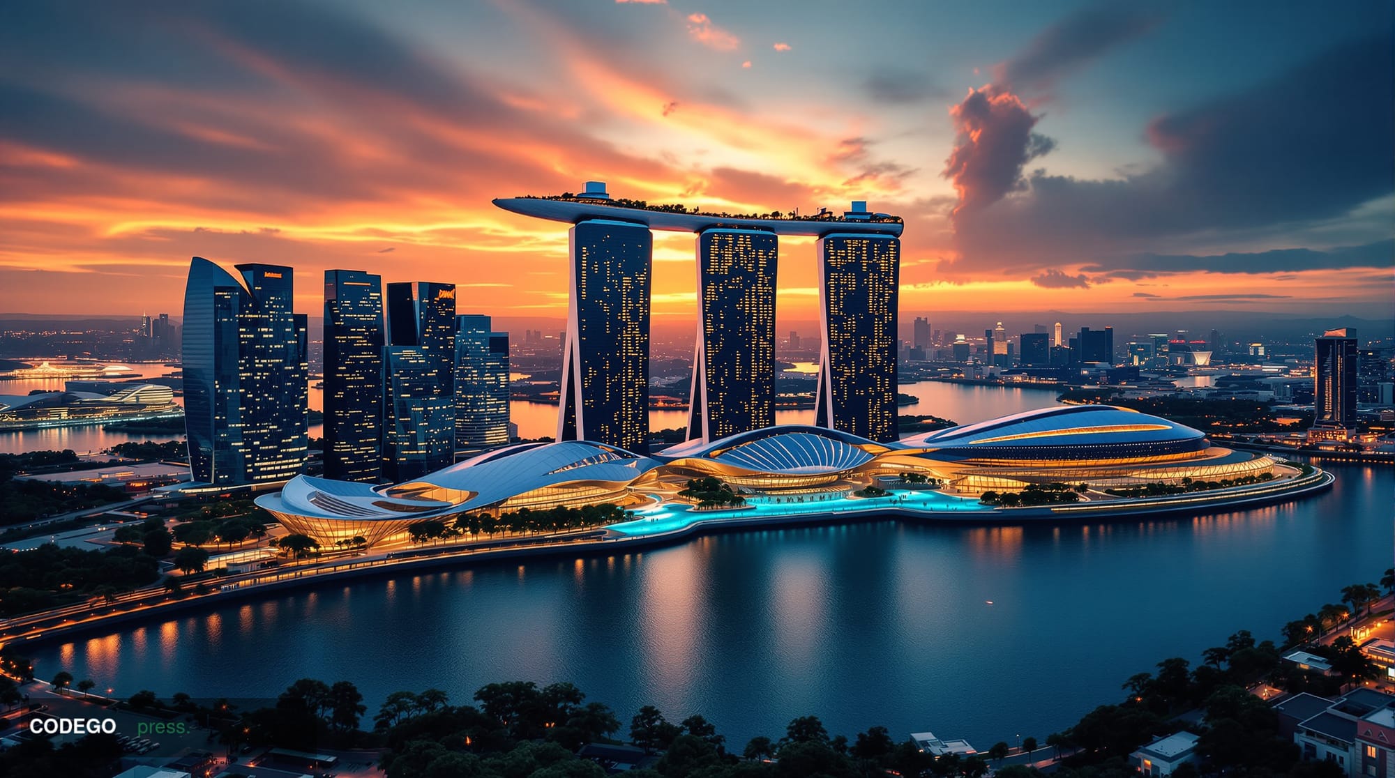 A cinematic editorial photograph capturing Singapore's iconic Marina Bay Sands skyline at golden hour, with the distinctive t
