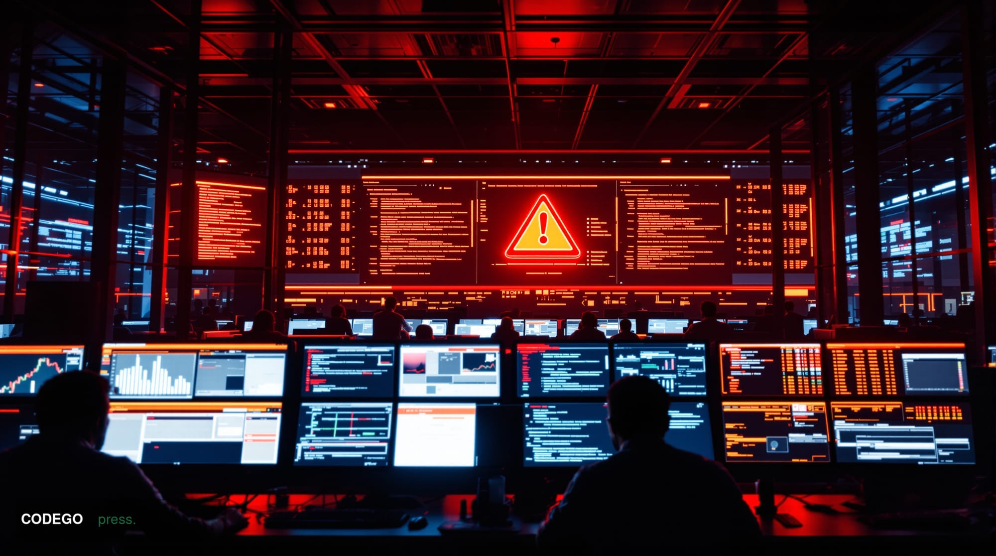 A dramatic photorealistic editorial photograph showing a modern cryptocurrency exchange trading floor or blockchain security 