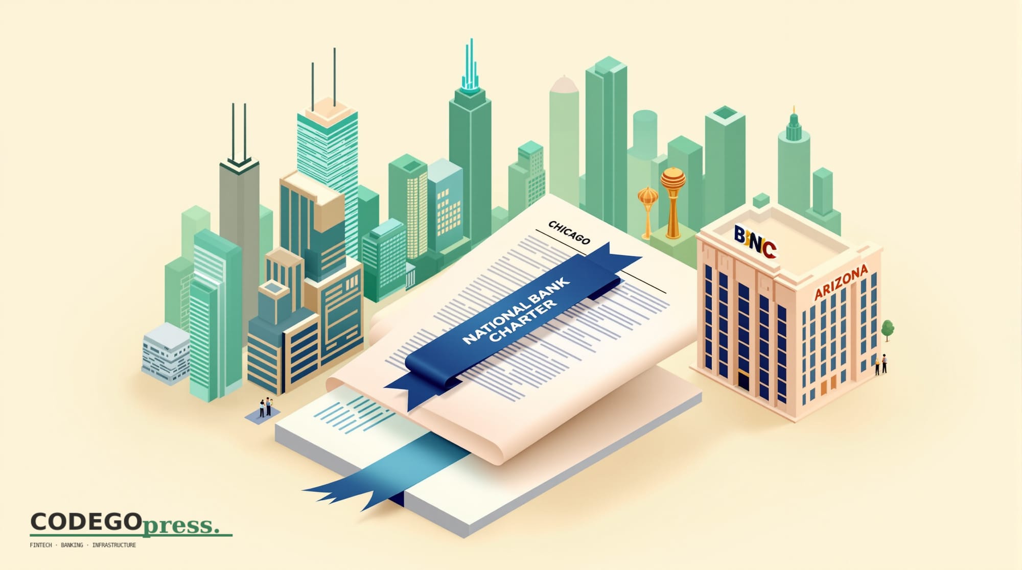 Large national bank charter document with navy-blue ribbon in centre, OppFi Chicago skyline (Willis Tower silhouette) on the 