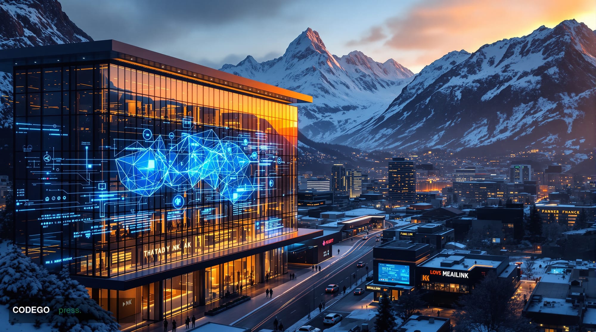 A cinematic editorial photograph showcasing the convergence of traditional Swiss banking and modern digital finance infrastru