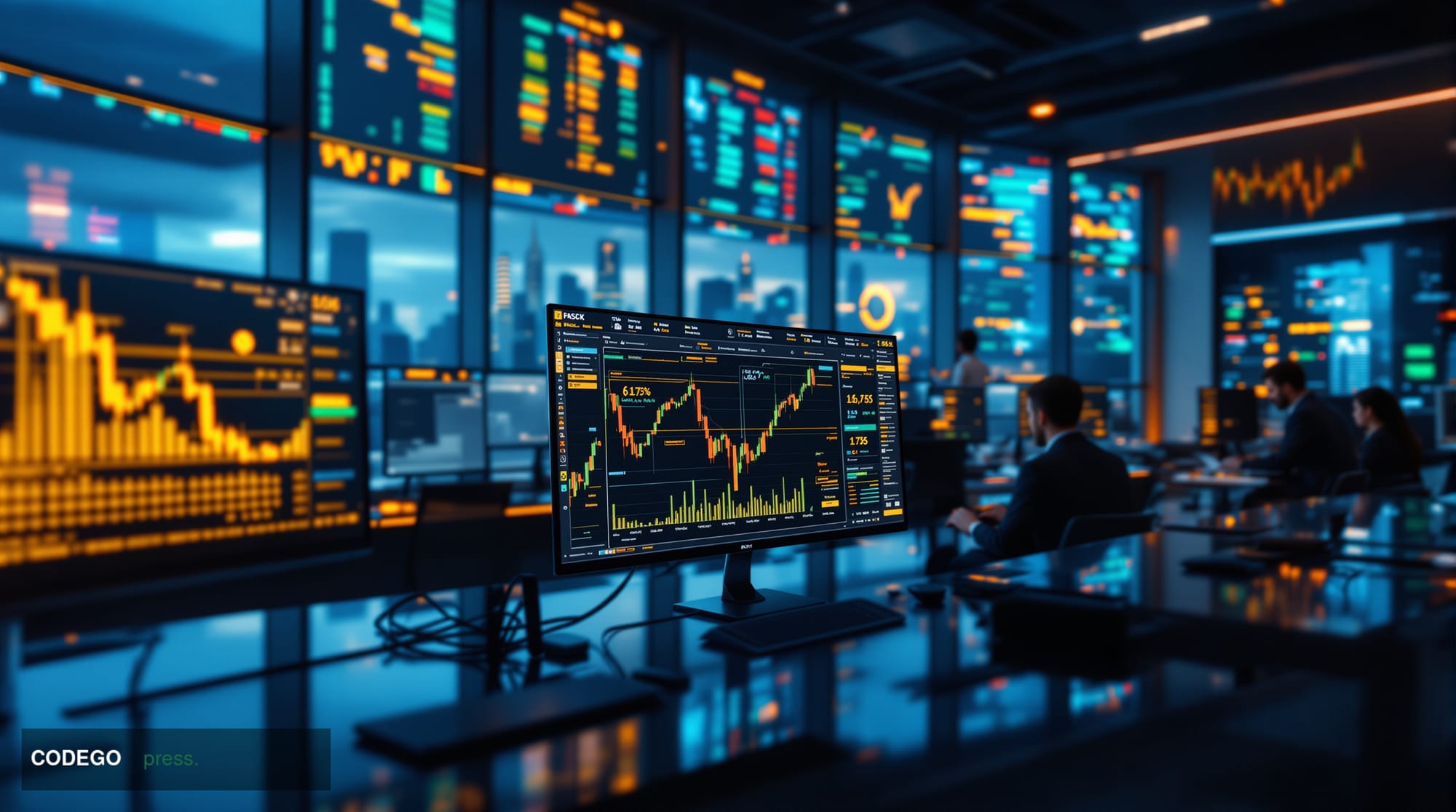 A photorealistic editorial photograph showing a modern cryptocurrency exchange trading floor with multiple large monitors dis