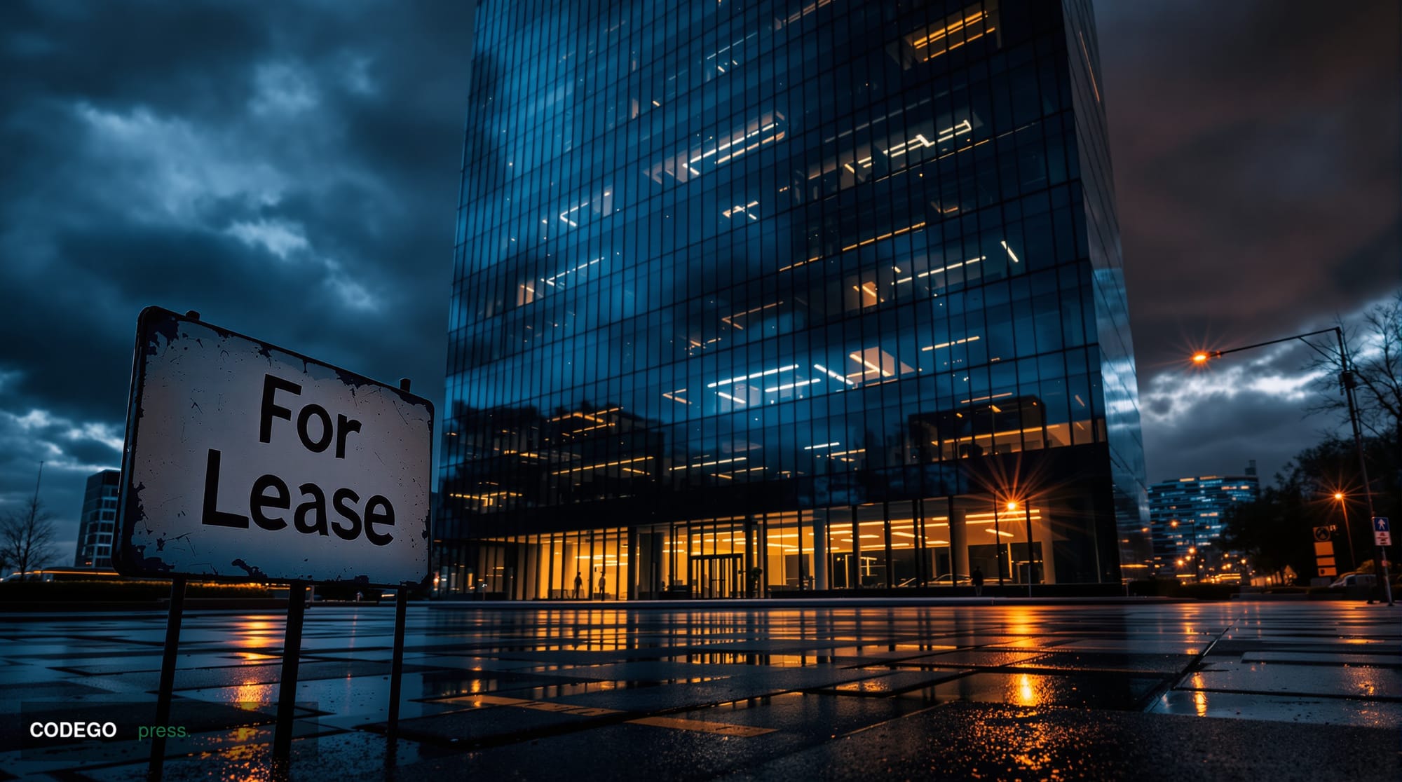 A dramatic photorealistic editorial photograph capturing the stark reality of corporate bankruptcy in the fintech sector. The