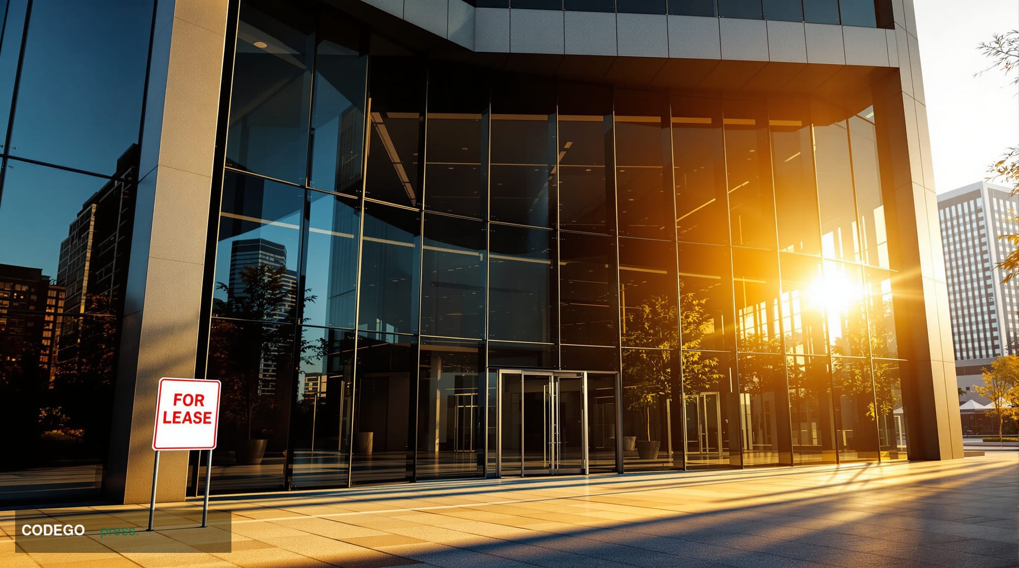 A dramatic photorealistic editorial photograph showing a modern fintech office building with darkened windows and an empty re