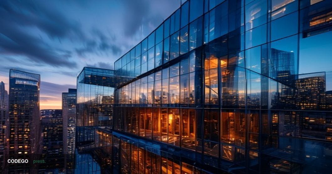 A cinematic editorial photograph of Paxos headquarters in New York City with the company's logo subtly visible on the buildin