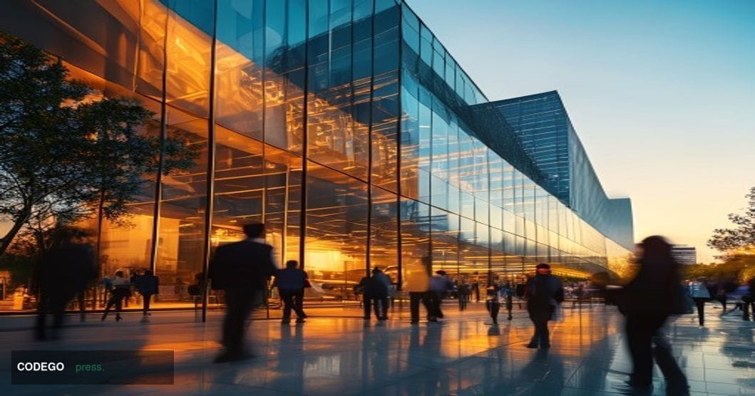 A photorealistic editorial photograph showcasing Paychex's corporate headquarters in Rochester, New York, with the company's 