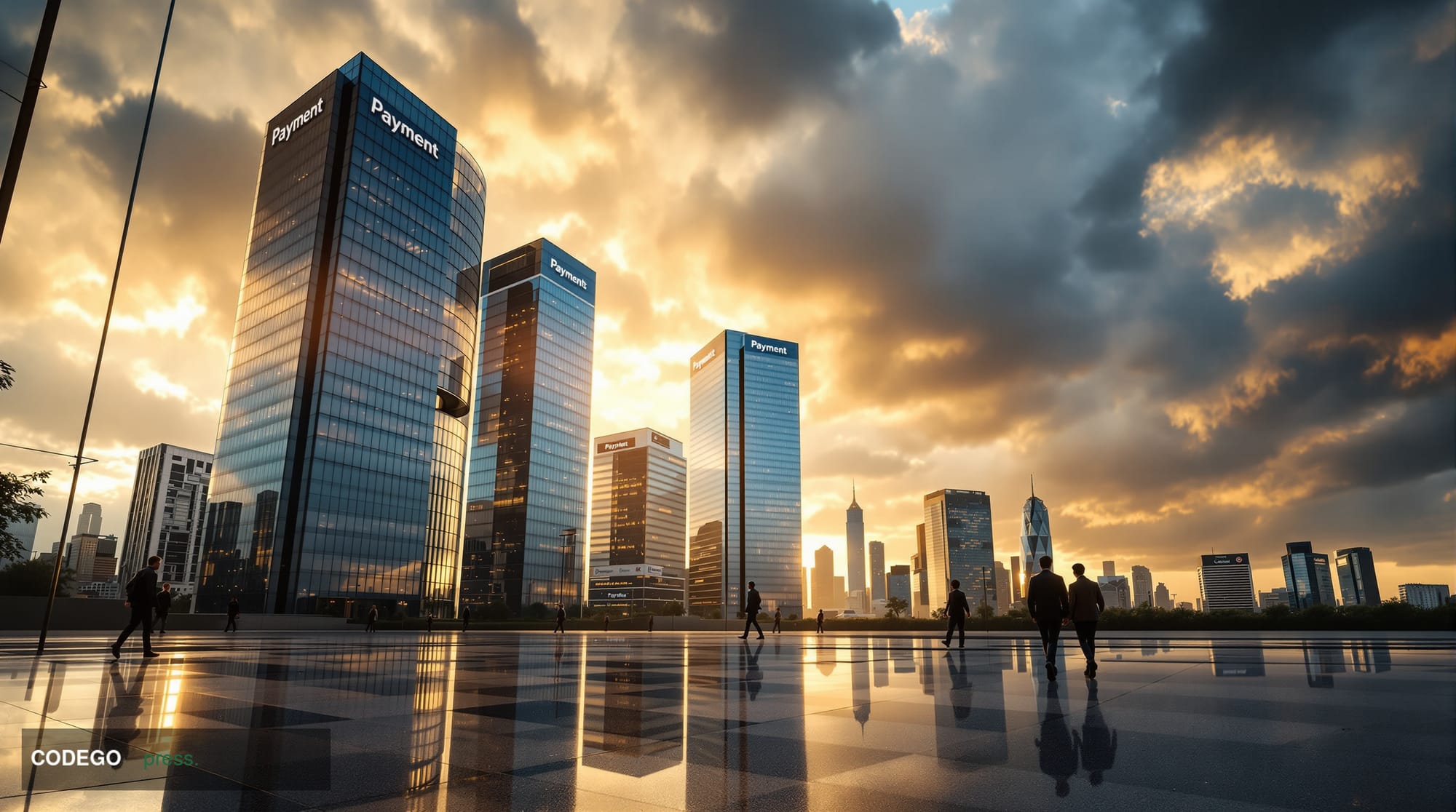 A photorealistic 8K editorial photograph capturing the modern payments industry headquarters district, featuring sleek glass 
