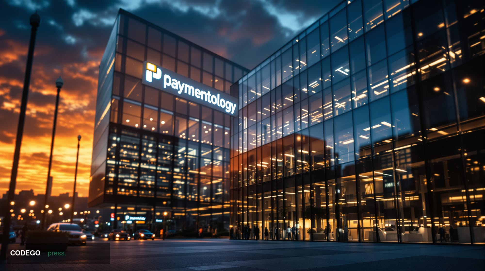 A cinematic editorial photograph showcasing Paymentology's headquarters or modern fintech office environment in dramatic chia