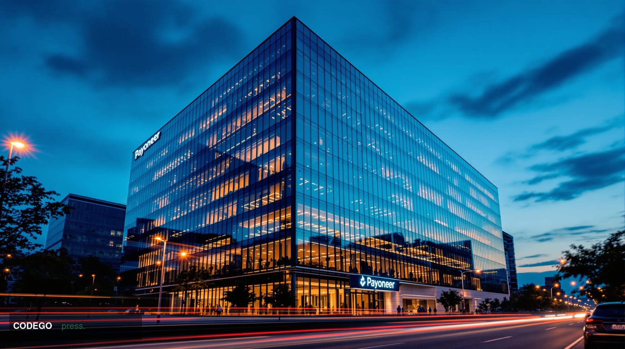A cinematic editorial photograph showing the modern glass facade of Payoneer's headquarters building at dusk, with warm amber