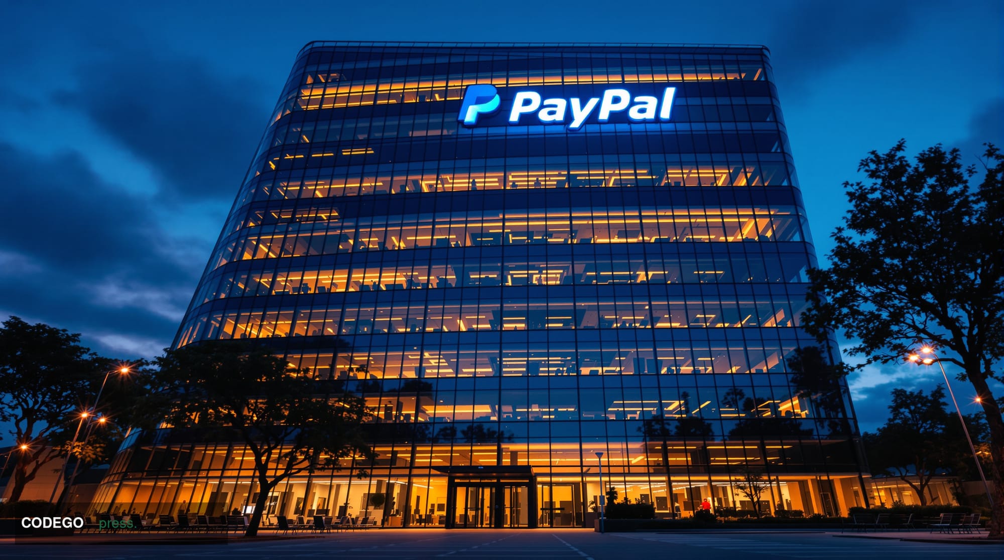 A dramatic editorial photograph of PayPal's corporate headquarters in San Jose, California, shot from a low angle during gold