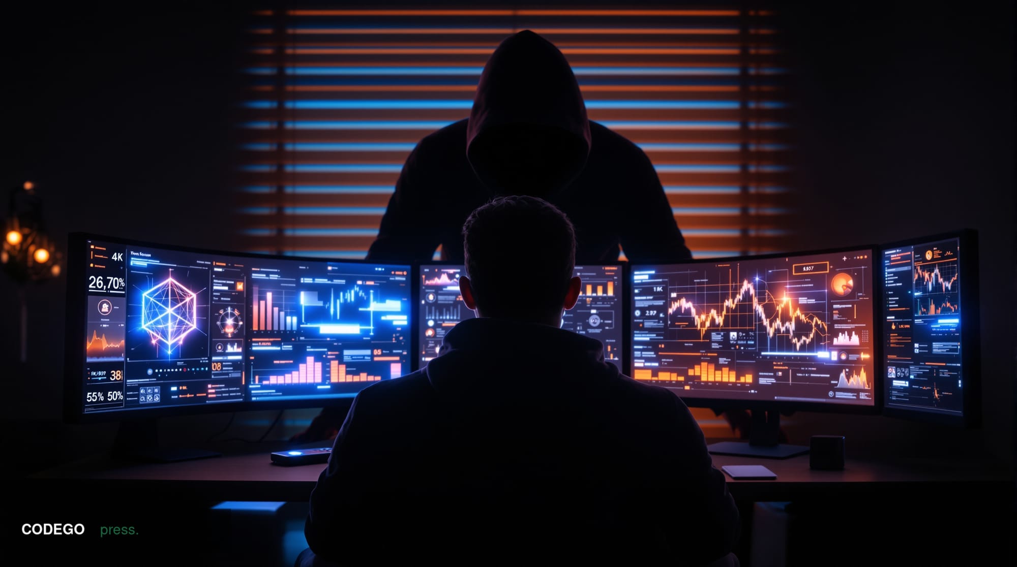 A dramatic photorealistic editorial photograph showing a shadowy figure in a dark hoodie looming over a person seated at a co