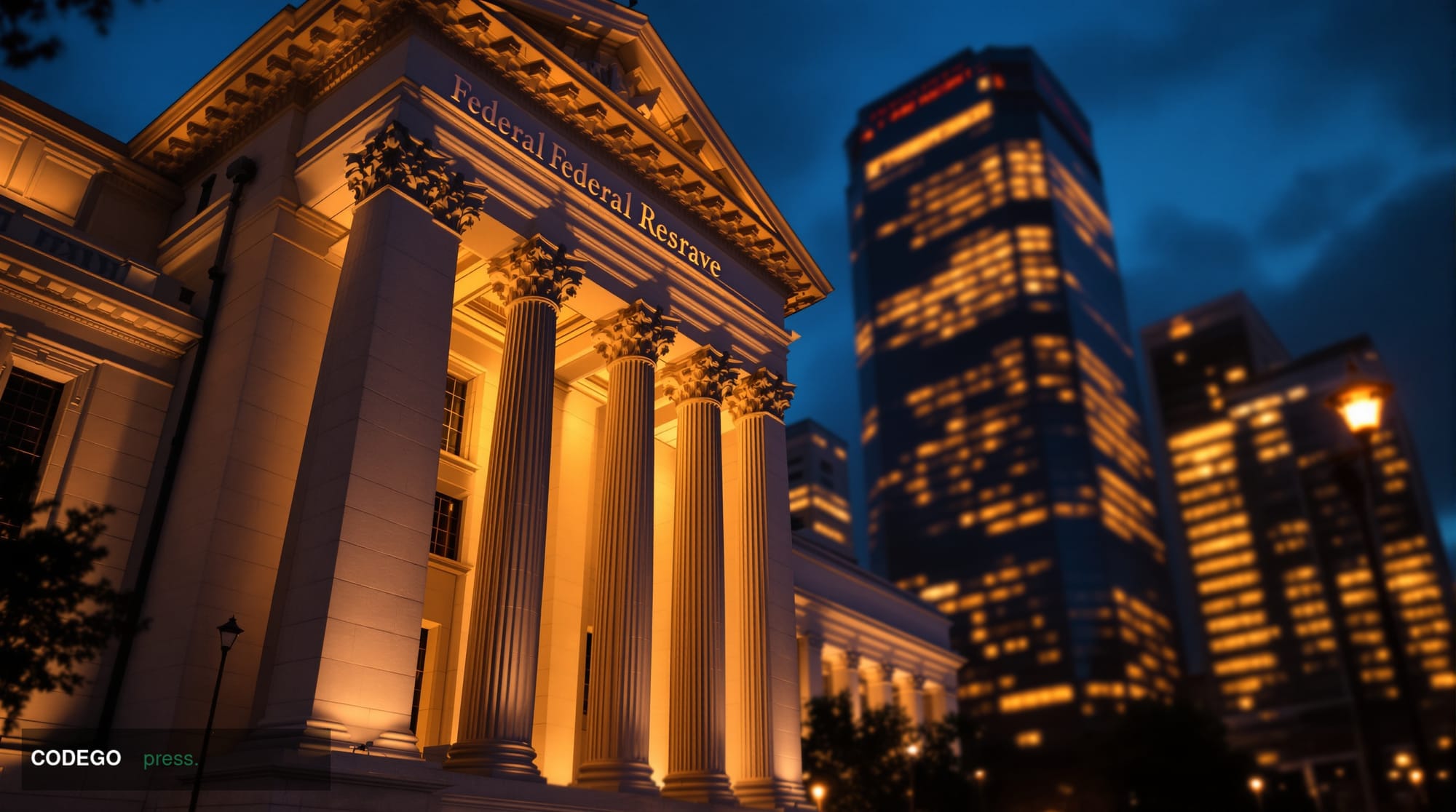 A cinematic editorial photograph capturing the intersection of geopolitical tensions and monetary policy. The foreground show