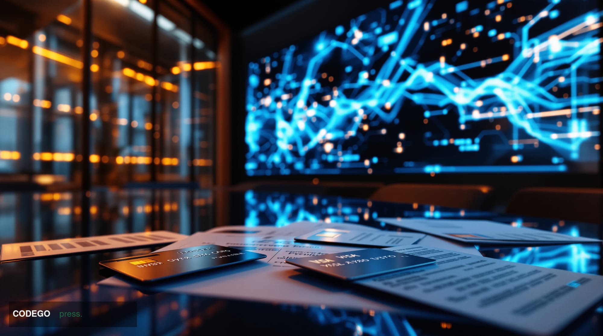 A cinematic editorial photograph showcasing the intersection of corporate finance and digital payments technology. The scene 
