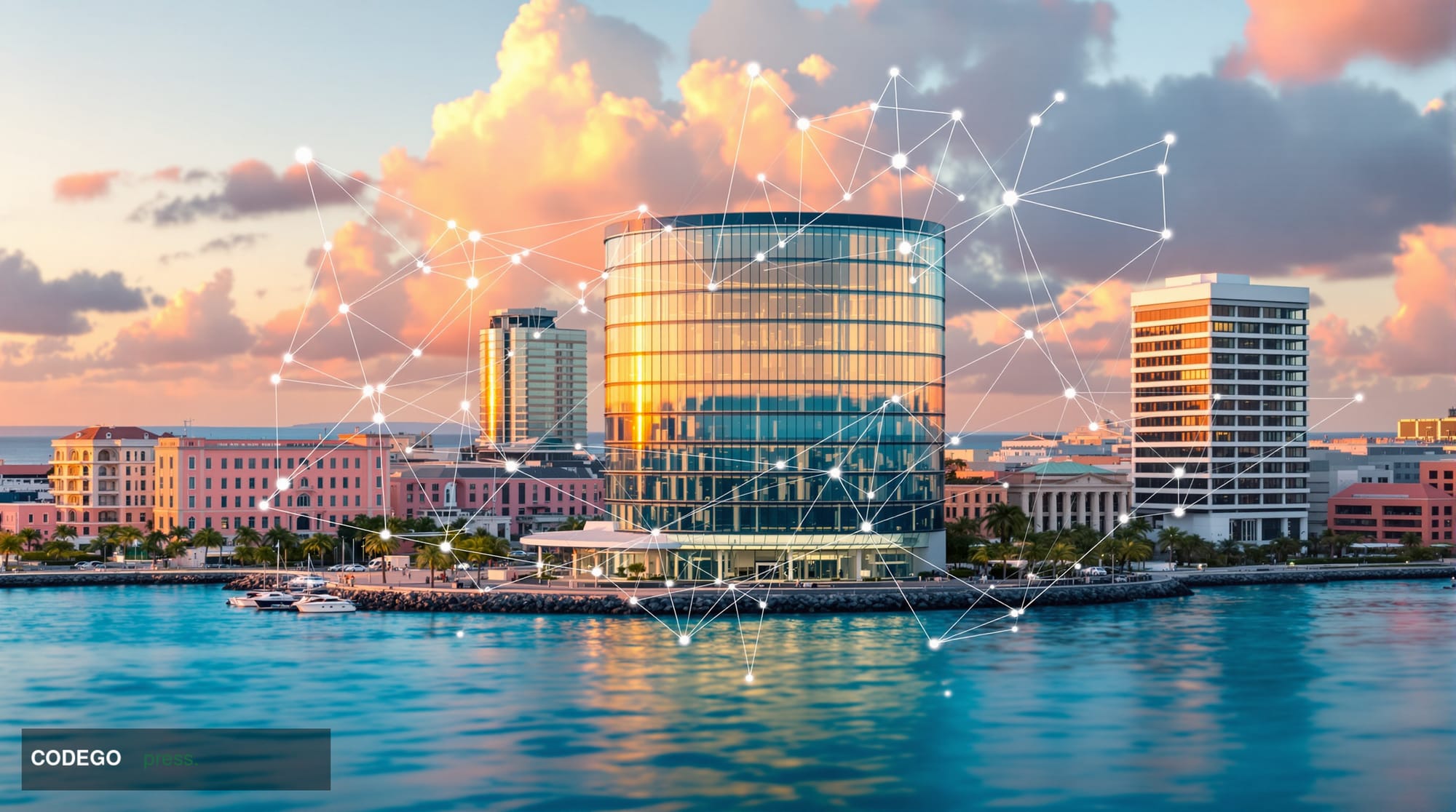 A stunning aerial view of Hamilton, Bermuda's financial district at golden hour, showcasing the distinctive pink limestone ar