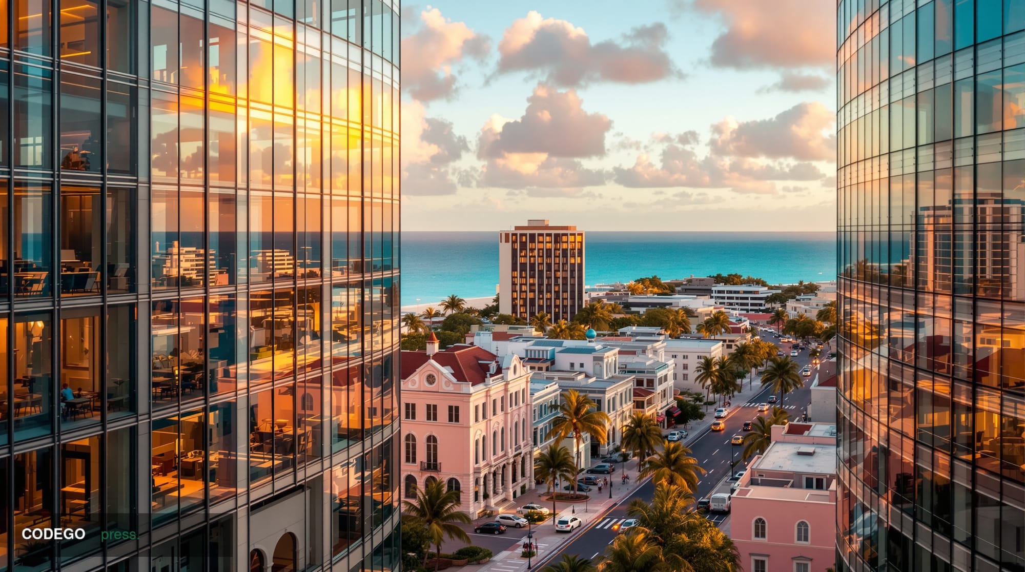 A cinematic editorial photograph showcasing Bermuda's Hamilton financial district at golden hour, featuring the iconic pastel