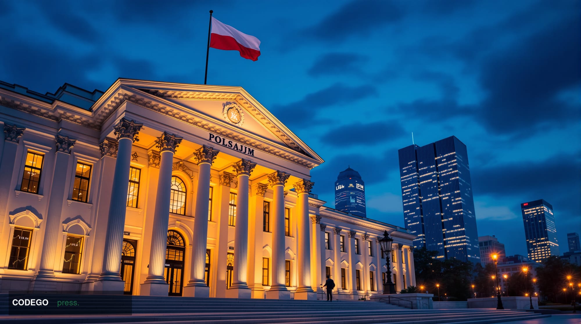 A photorealistic editorial photograph of the Polish Parliament building (Sejm) in Warsaw at dusk, with its distinctive neocla