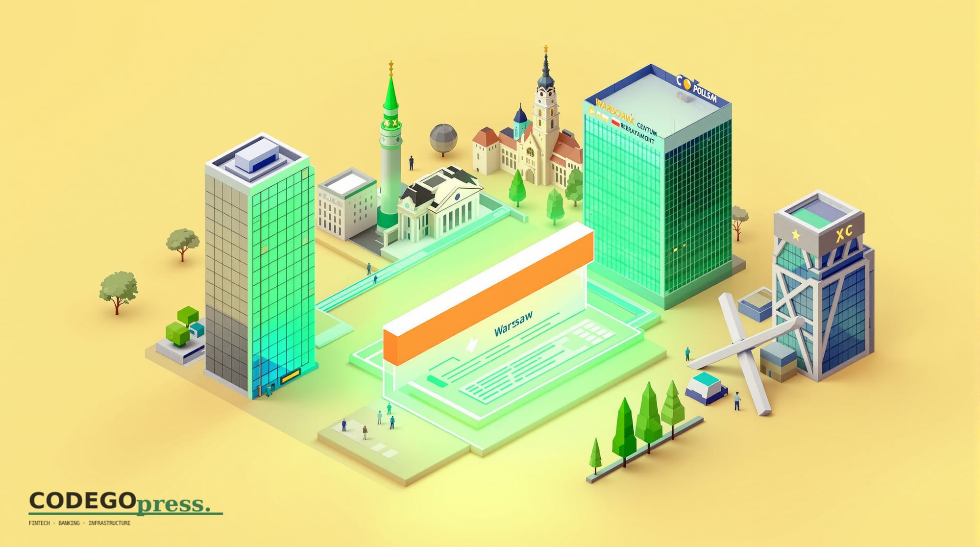 Large glowing digital banking interface screen in centre with Polish white-and-red accent stripe, stylised Warsaw Centrum bui