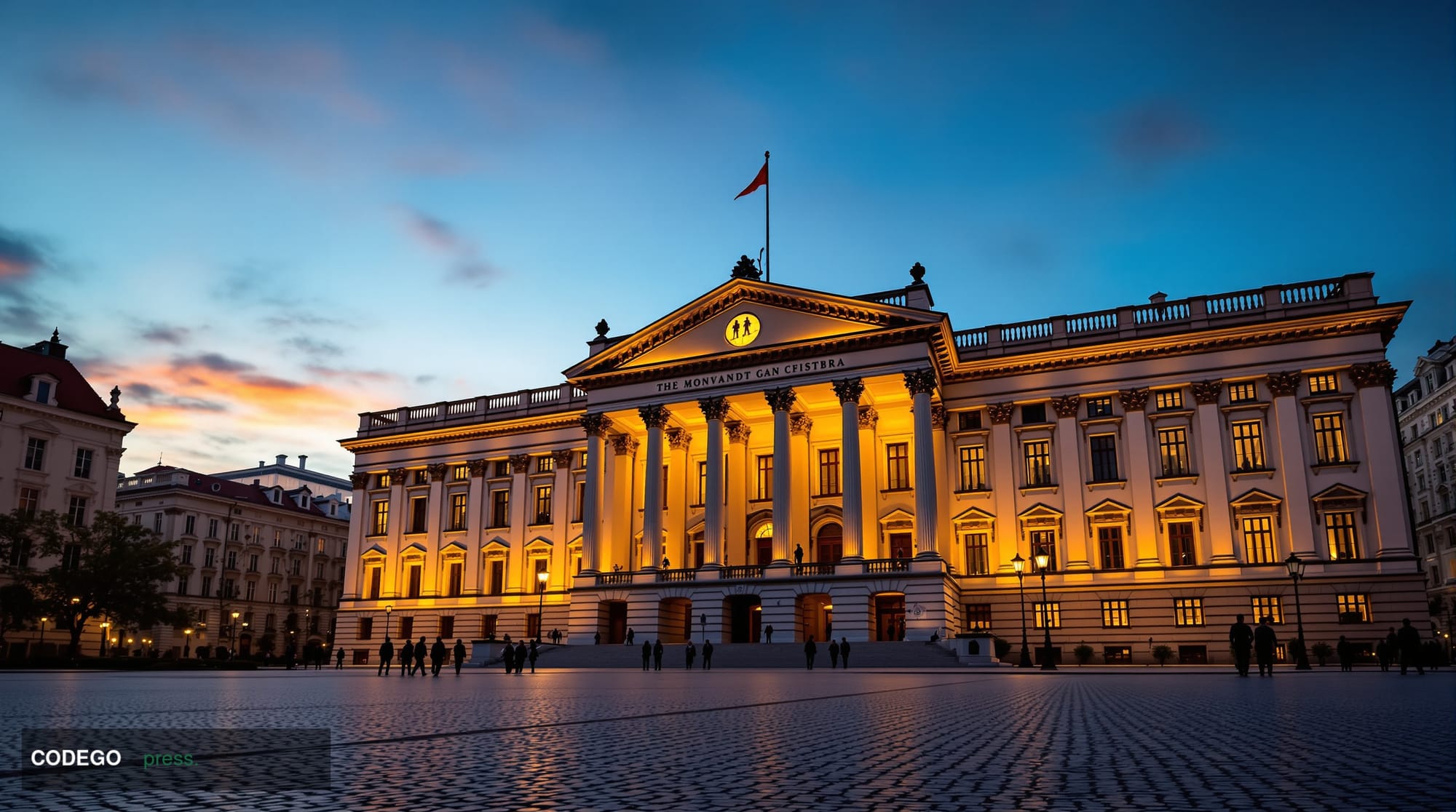 A dramatic editorial photograph of the Polish Parliament building (Sejm) in Warsaw at golden hour, shot from a low angle to e