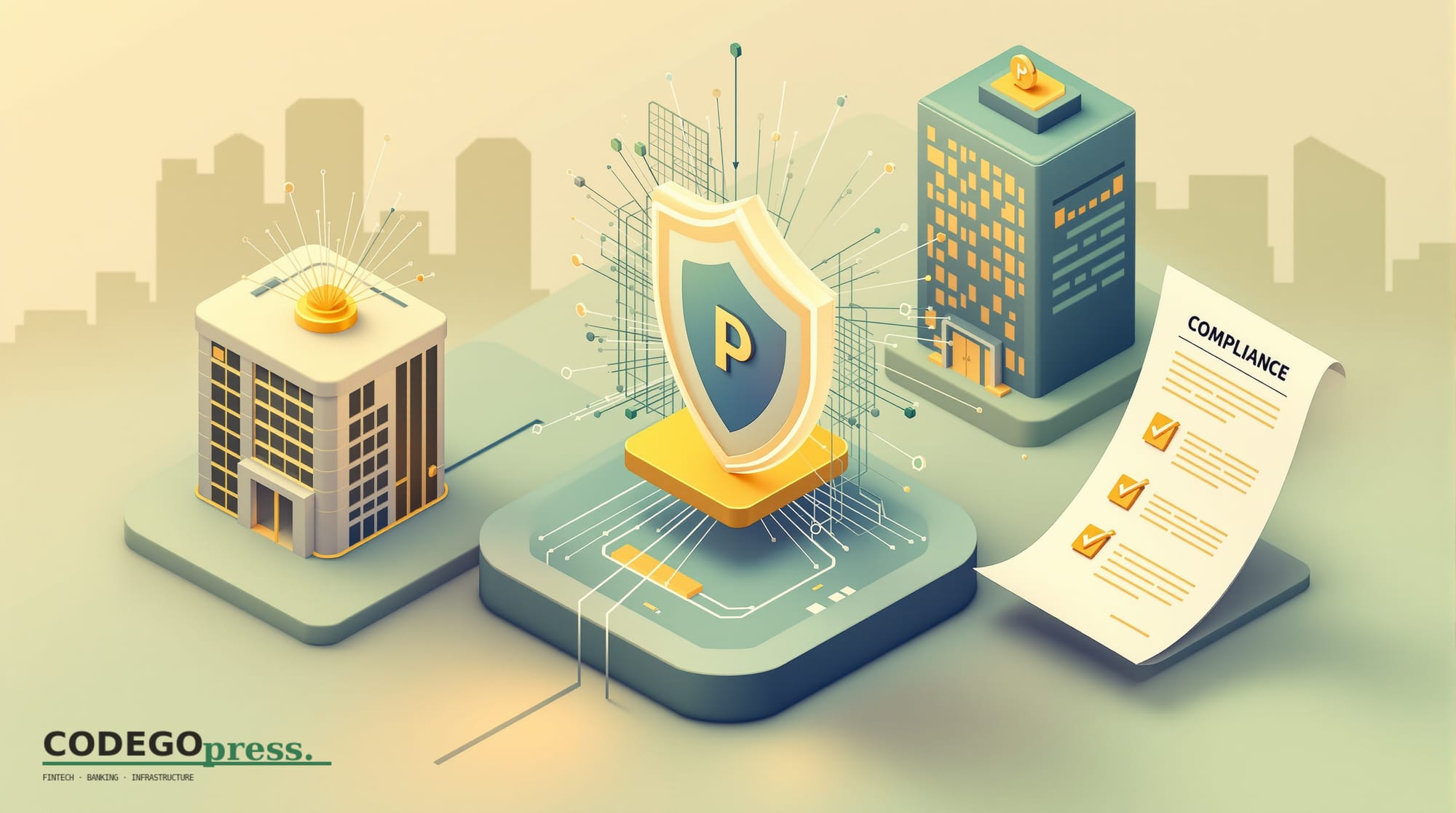 Flat 3D isometric vector editorial illustration in banking-green (#1A6B43) and cream with gold accents. Center: a digital wal