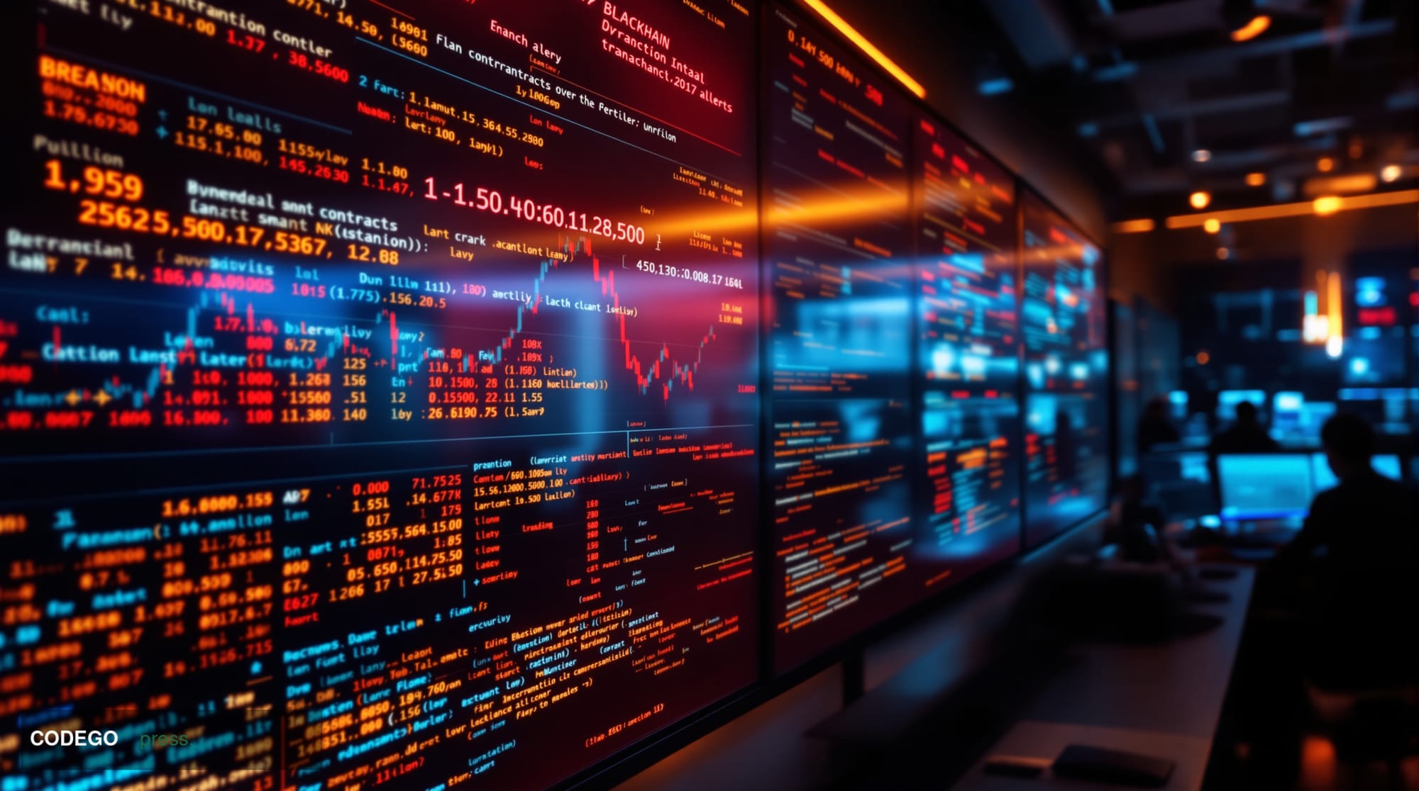 A dramatic photorealistic editorial photograph showing a sleek modern trading floor or cryptocurrency exchange environment wi