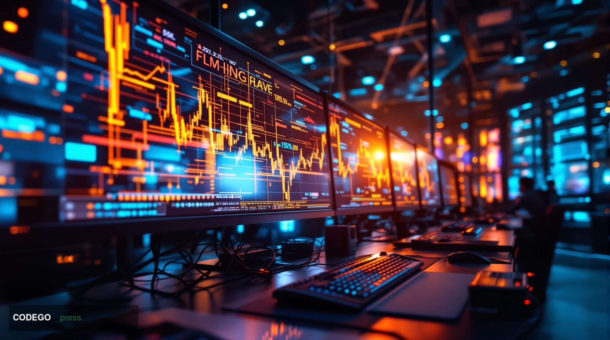 A cinematic editorial photograph of Polymarket's operational environment showing a high-tech trading floor or crypto platform