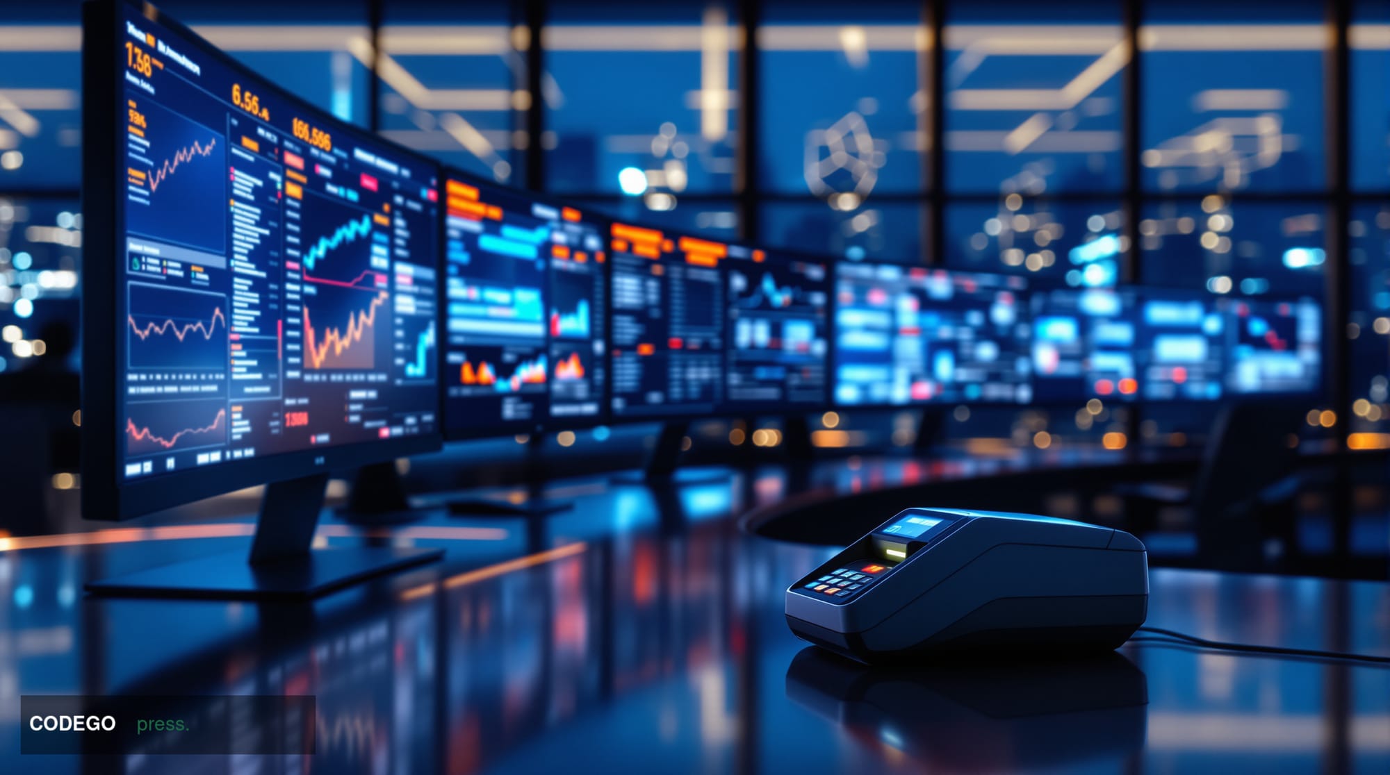A dramatic photorealistic editorial photograph showing a sleek modern cryptocurrency trading office environment with multiple
