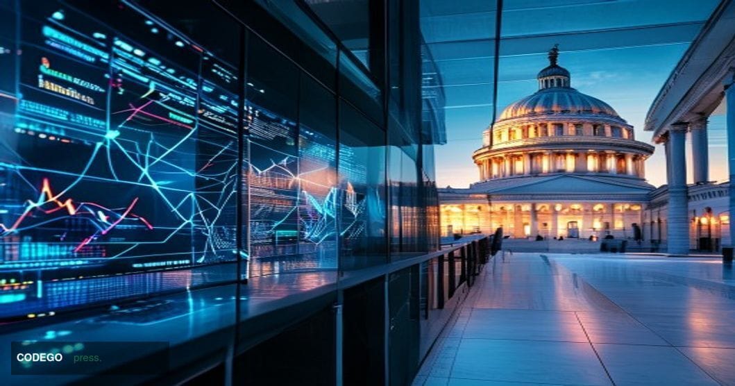 # Image Prompt:

A split-composition photograph showing a modern tech office workspace in sharp focus on the left side, with 