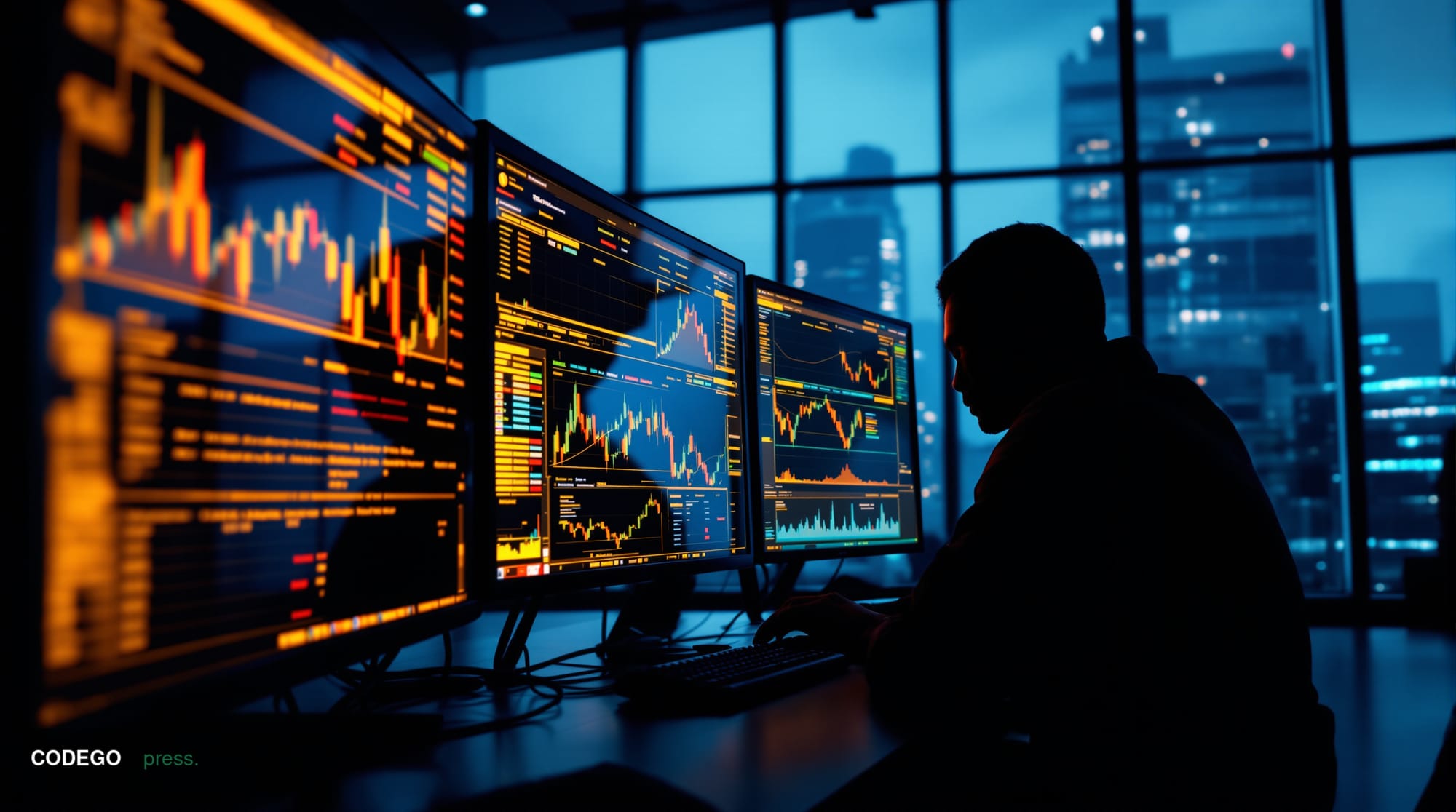 A dramatic cinematic photograph of Polymarket's digital interface displayed on multiple computer monitors in a dimly lit trad