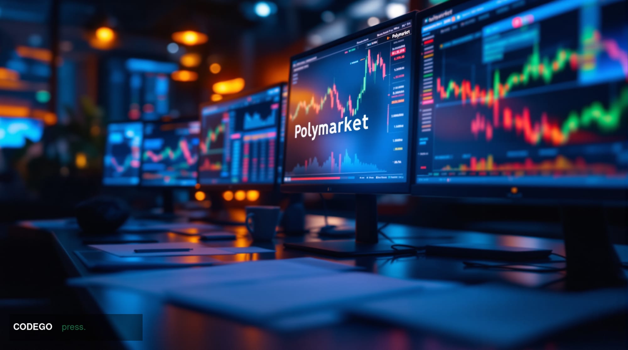 A photorealistic editorial photograph showing Polymarket's sleek digital trading interface displayed on multiple monitors in 