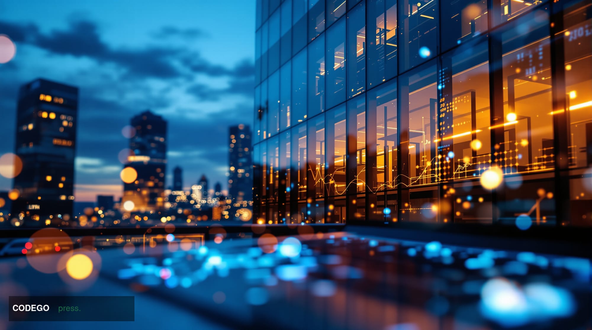 A dramatic photorealistic editorial photograph showing the modern glass facade of a cryptocurrency exchange office building a