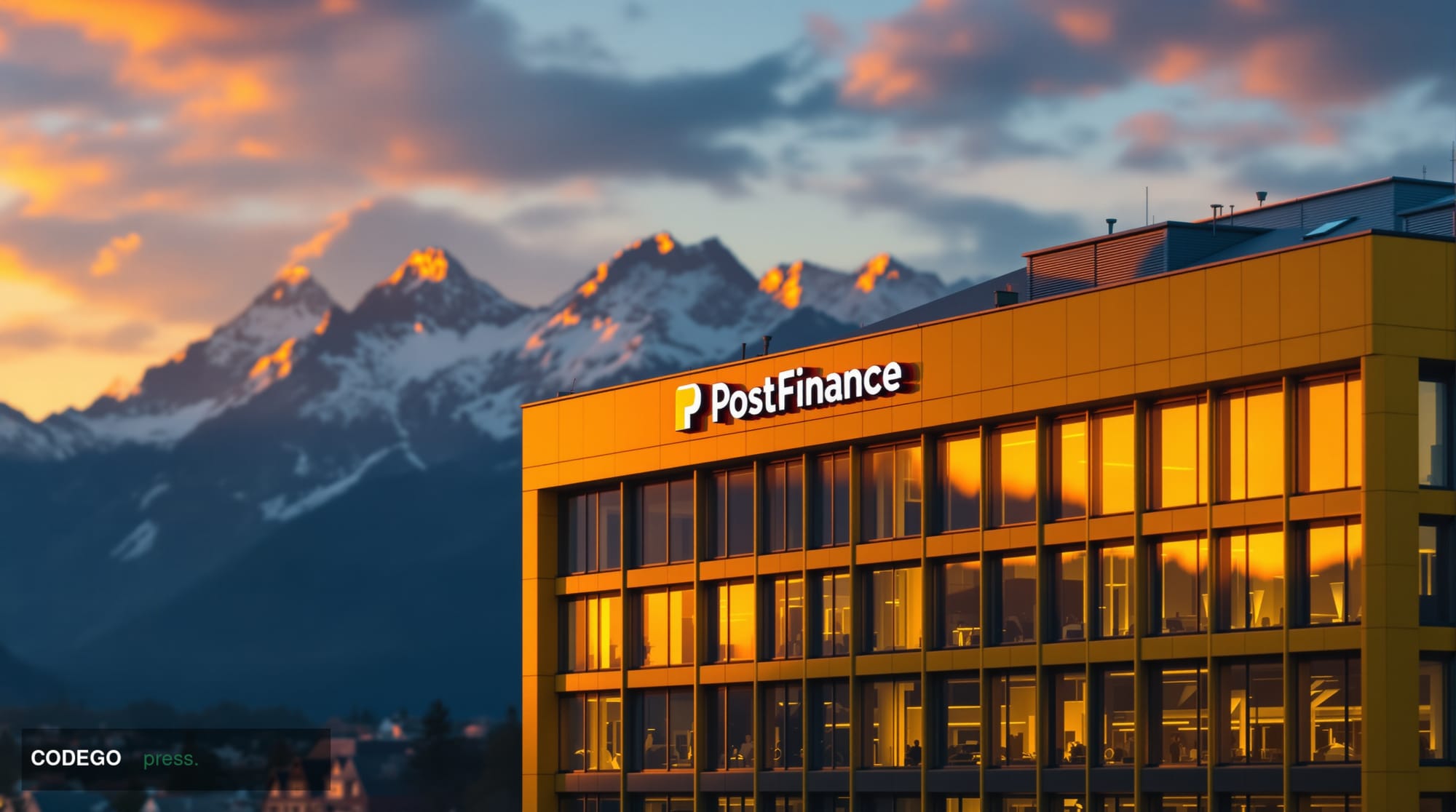 A cinematic editorial photograph of PostFinance's distinctive yellow corporate headquarters building in Bern, Switzerland, ca