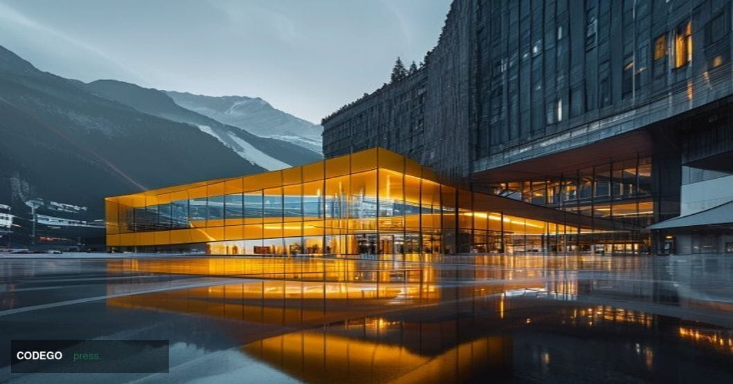 A cinematic editorial photograph capturing PostFinance's Swiss headquarters building in Bern with its distinctive yellow post