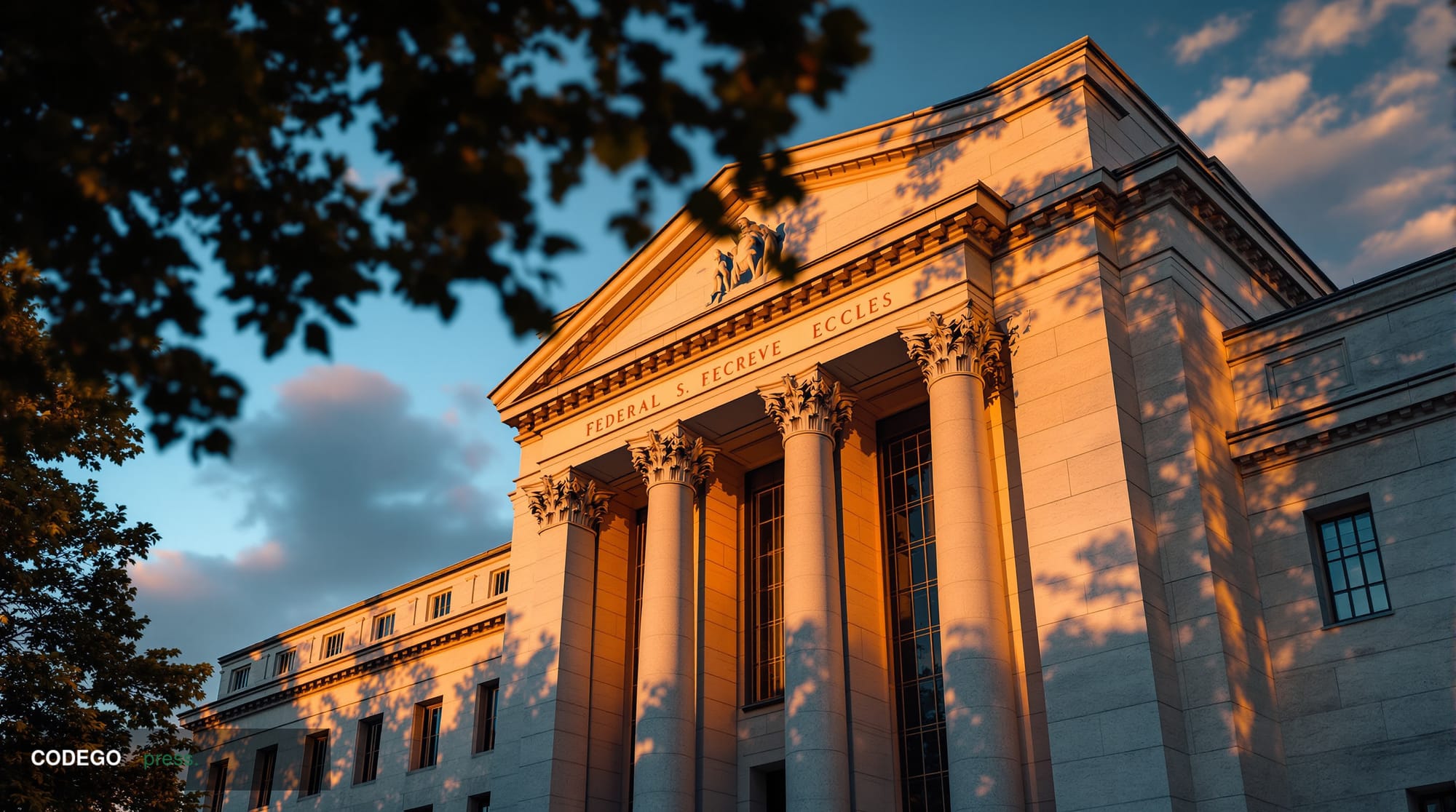 A cinematic editorial photograph of the Federal Reserve building's iconic neoclassical marble facade in Washington D.C., capt