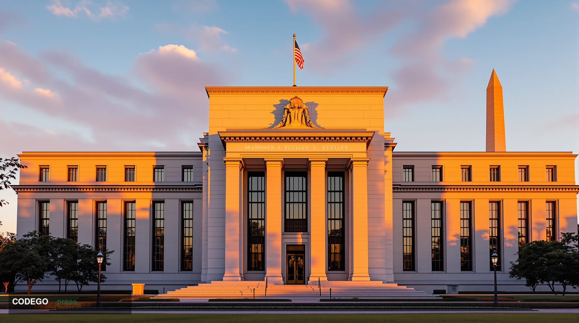 A dramatic photorealistic editorial photograph of the imposing neoclassical Federal Reserve Building (Marriner S. Eccles Fede